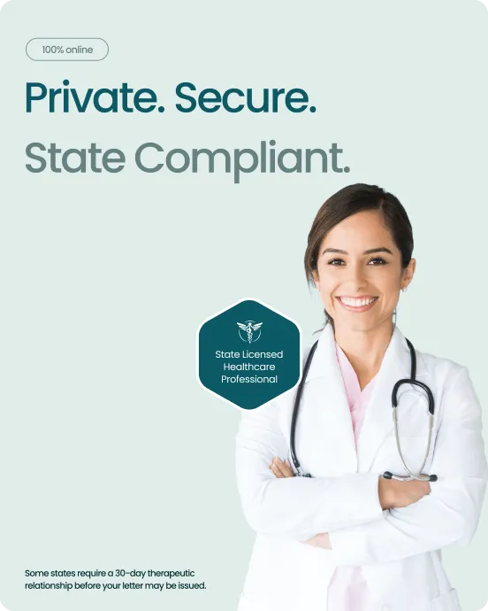 Private. Secure. State Compliant. &mdash; A smiling state-licensed healthcare professional in a white coat with stethoscope, with a hexagonal seal